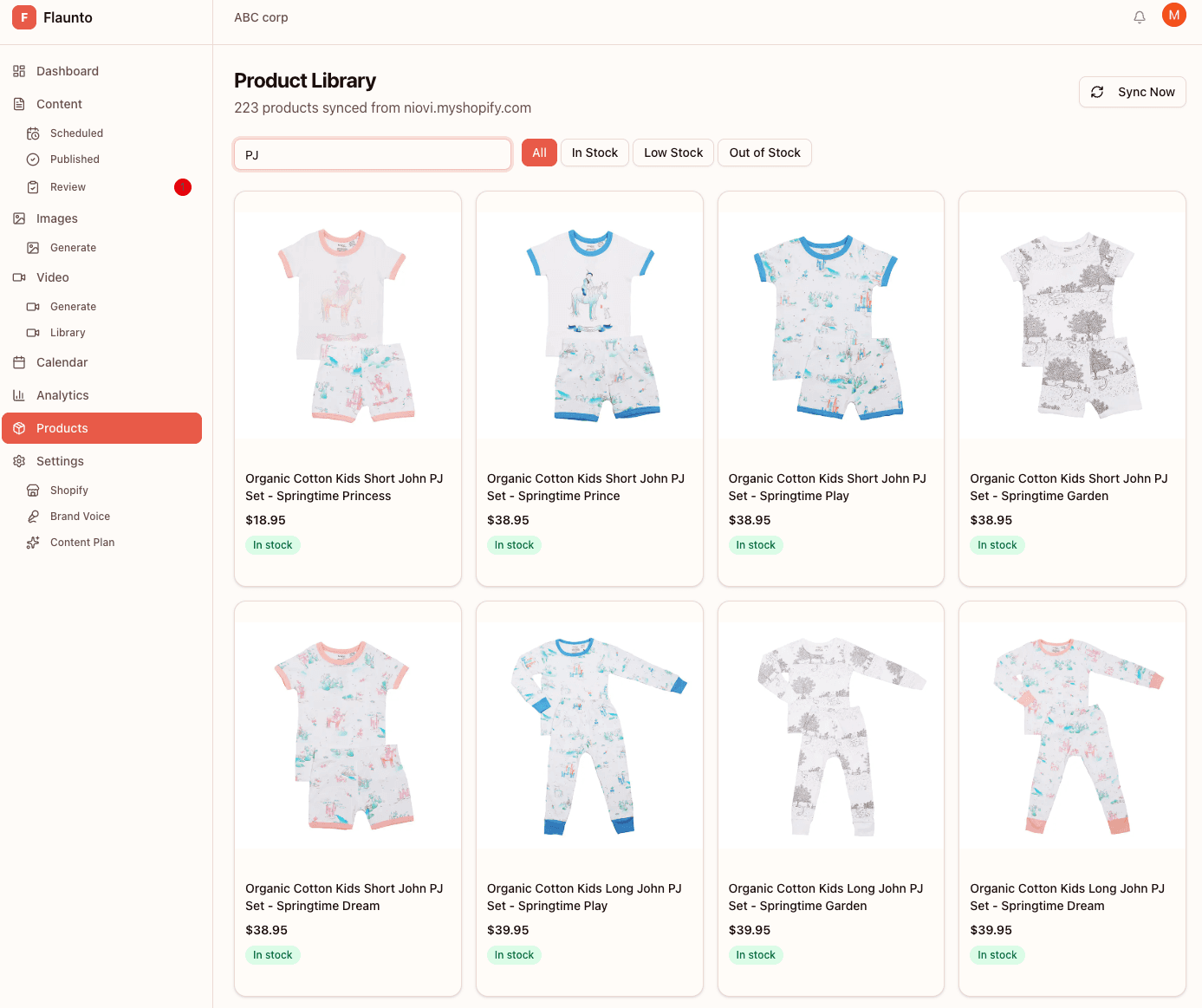 Flaunto product library showing the synced NIOVI organic cotton kids pyjama catalog